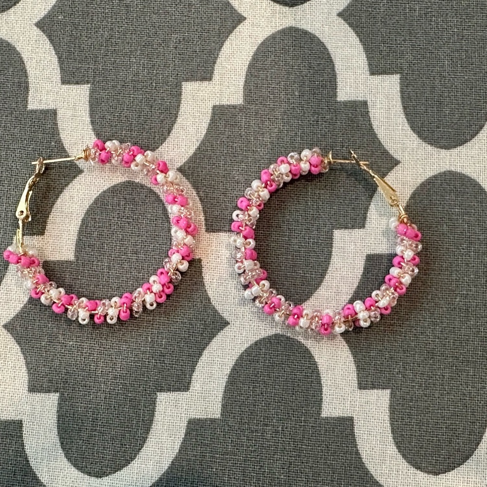 Handmade Pink and White Beaded Hoop Earrings